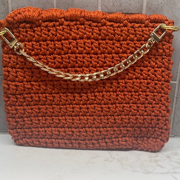 Handmade Purse Clutch Crochet Euro Summer Orange Gold Chain Boho Craft 6”x7” - Picture 3 of 5